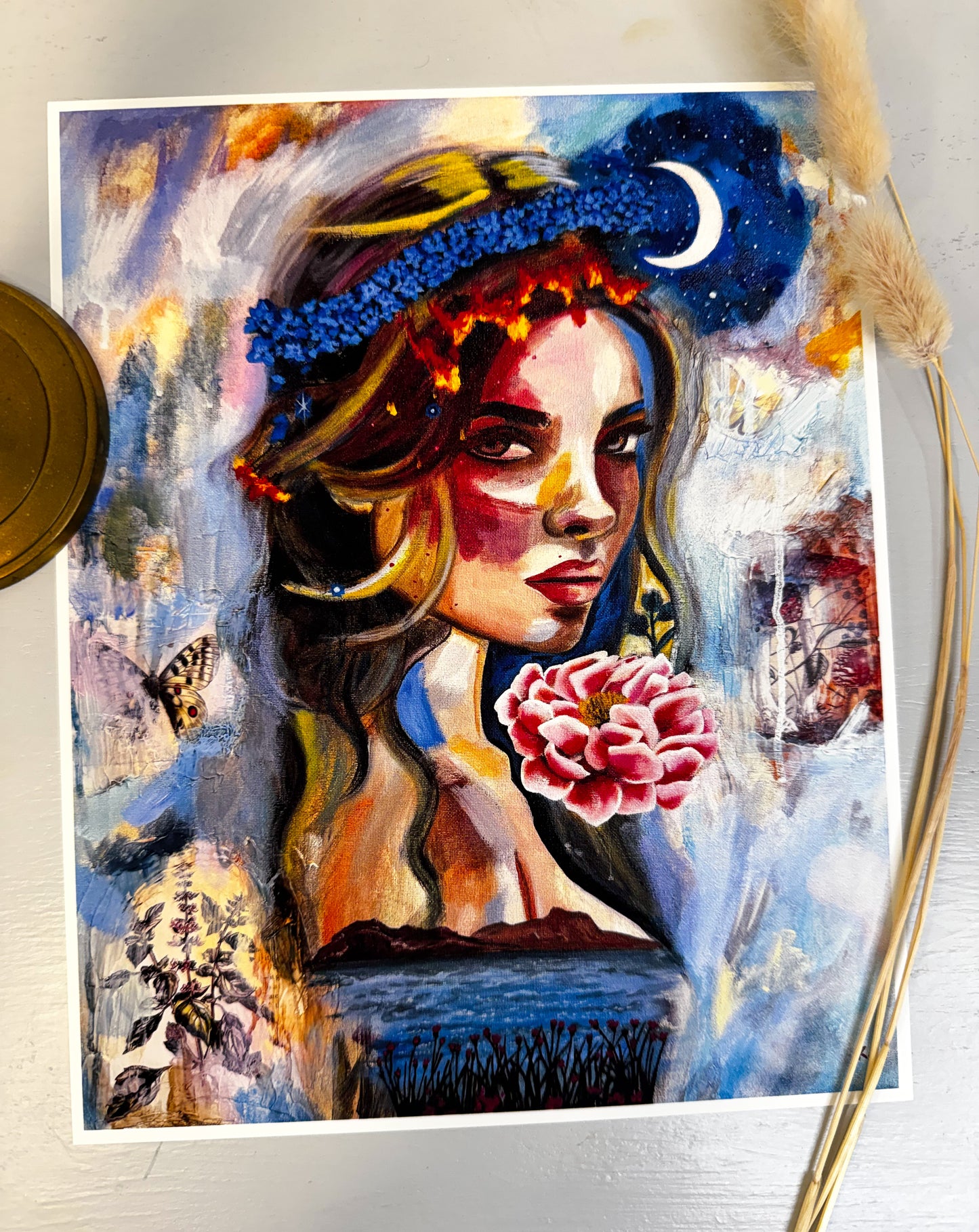 Colorful art print of a woman with flowers and butterflies, moon and starry night sky.