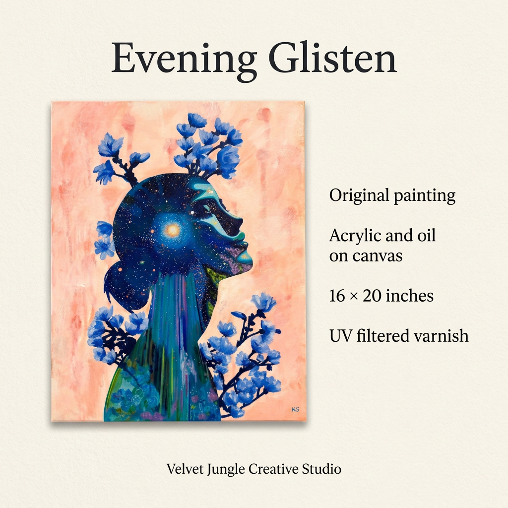 Evening Glisten details card with the full artwork on the left and original painting, acrylic and oil on canvas, 16 × 20 inches, and UV filtered varnish on the right