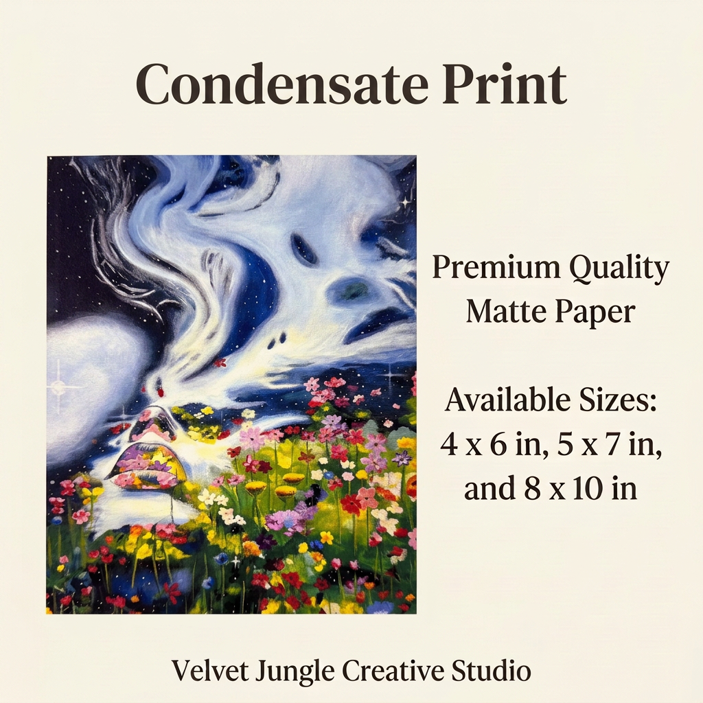 Condensate Print details card with the full artwork at left and Premium Quality Matte Paper and available sizes at right.