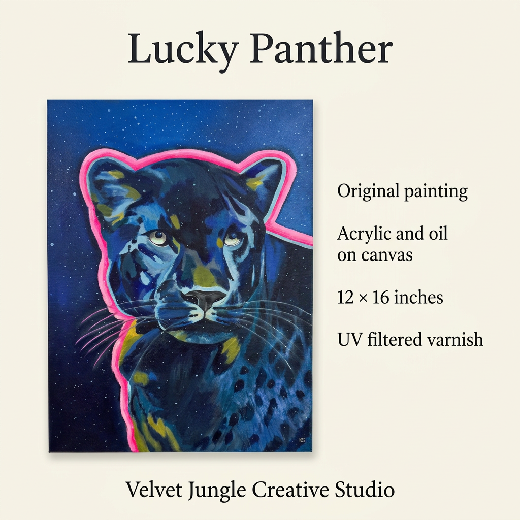 Lucky Panther details card showing the full artwork beside its specifications: original acrylic and oil painting on canvas, 12 by 16 inches, with UV filtered varnish.