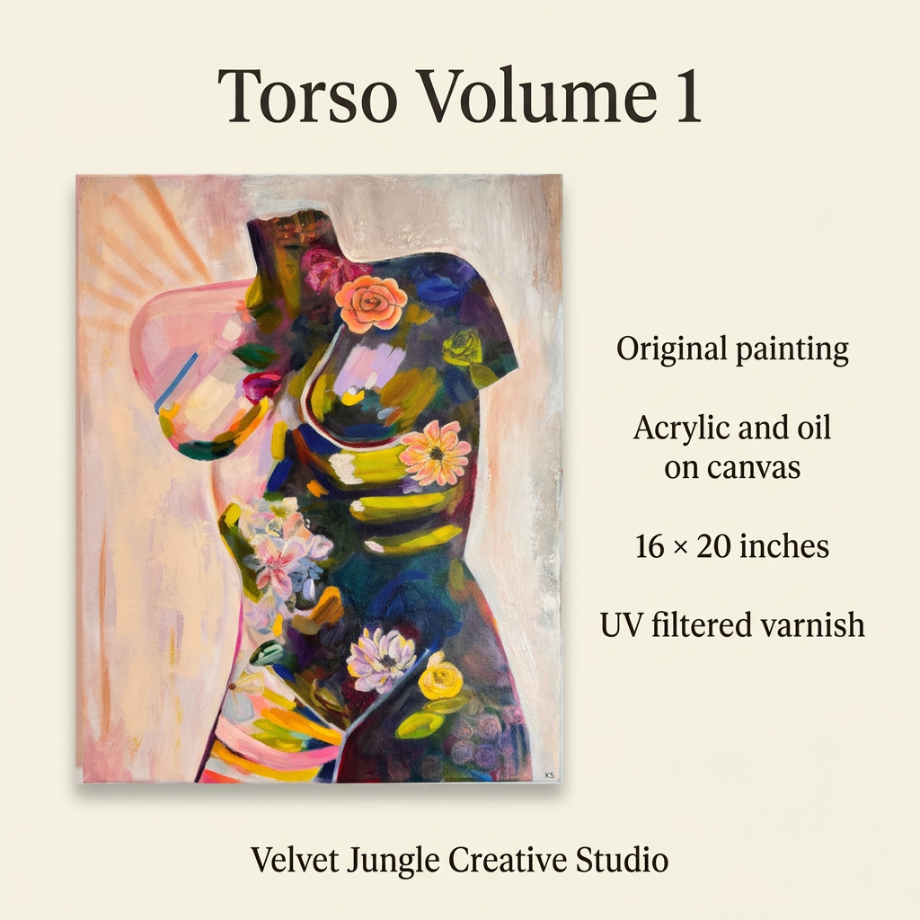 Torso Volume 1 details card: original acrylic and oil painting on canvas, 16 × 20 inches, finished with UV filtered varnish.