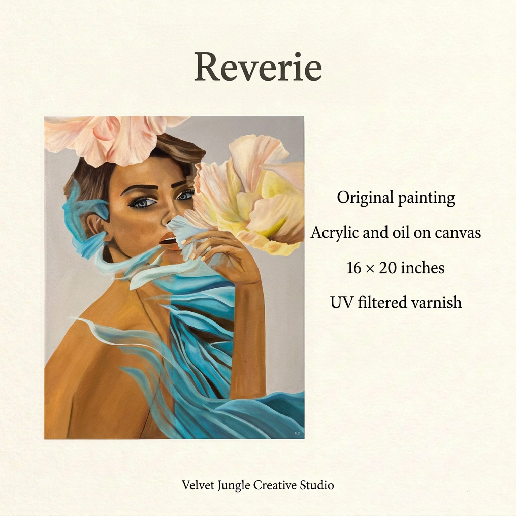 Reverie details card with the full painting and specifications: original acrylic and oil on canvas, 16 × 20 inches, finished with UV filtered varnish.