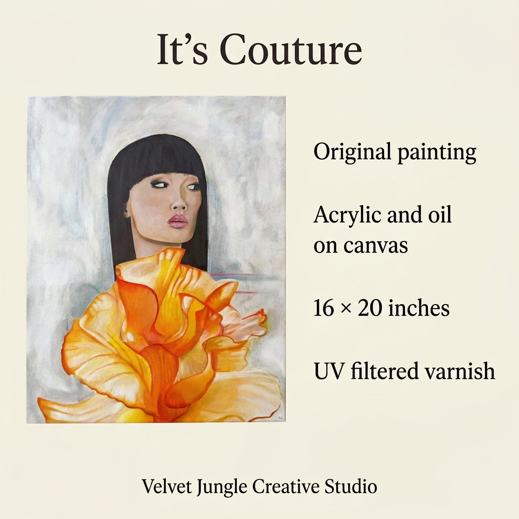 It’s Couture details card showing the complete painting beside its specifications: original acrylic and oil on canvas, 16 × 20 inches, finished with UV filtered varnish.