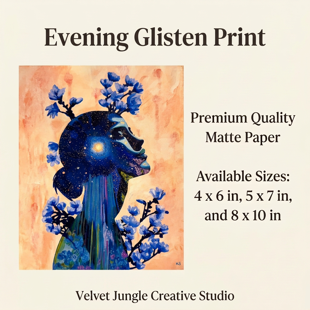 Evening Glisten Print details card showing the full blue floral and starry silhouette artwork, premium quality matte paper, and available sizes 4 x 6, 5 x 7 and 8 x 10 inches.