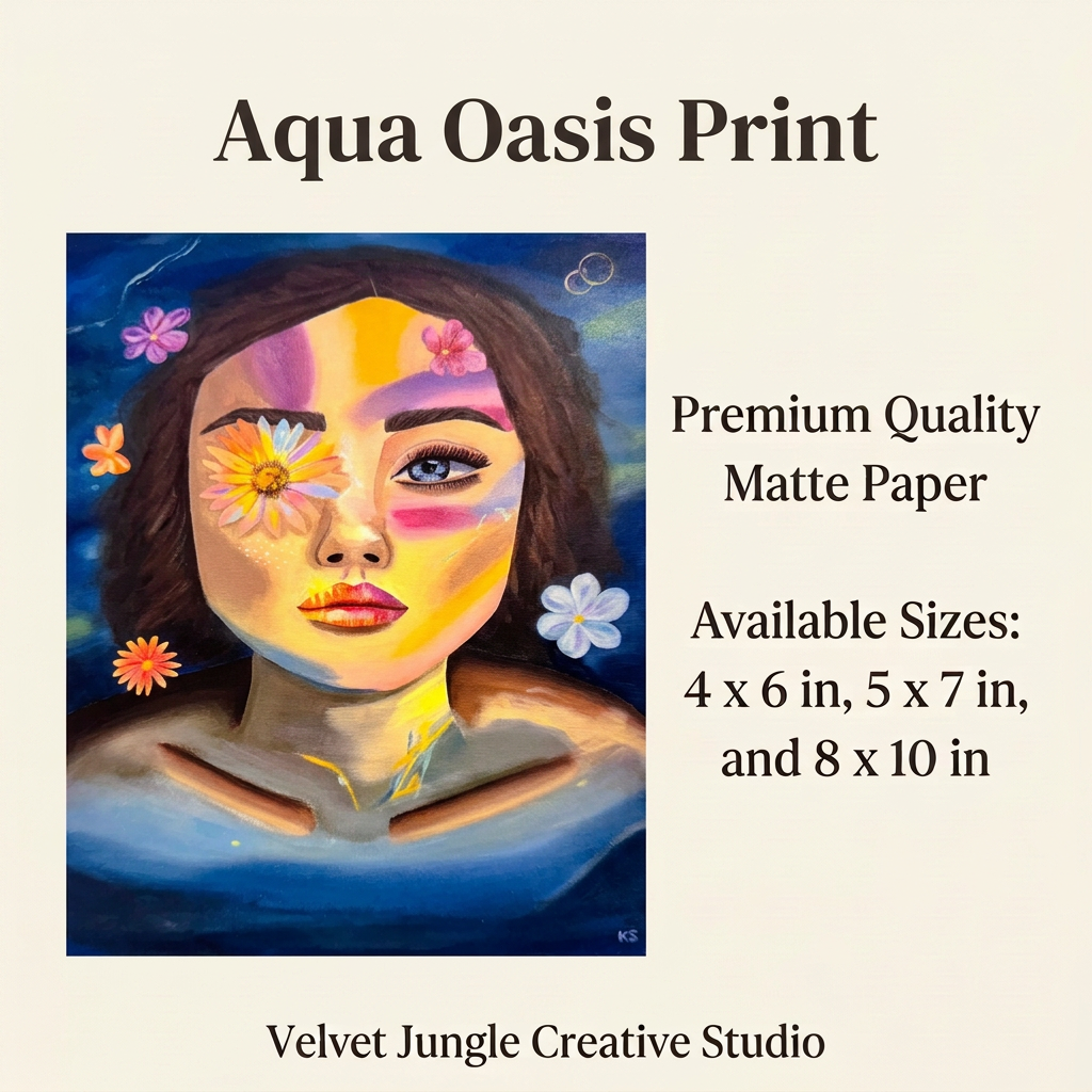 Aqua Oasis Print details card with the full floral portrait, premium matte paper and all three available sizes.