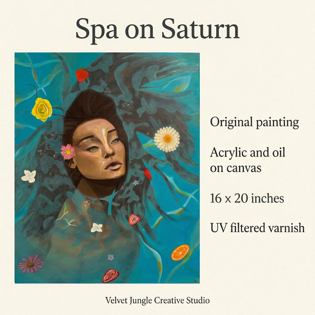 Spa on Saturn details: original acrylic and oil painting on canvas, 16 × 20 inches, finished with UV filtered varnish.