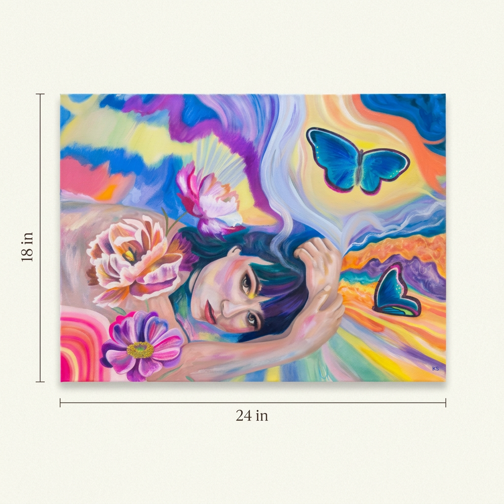 Full Euphoric Reverie painting with dimension lines showing 24 inches wide by 18 inches high on an ivory background.