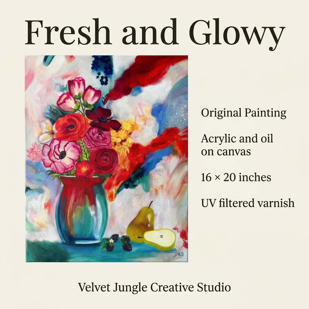 Fresh and Glowy details card with the full painting, acrylic and oil on canvas, 16 by 20 inches, finished with UV filtered varnish.