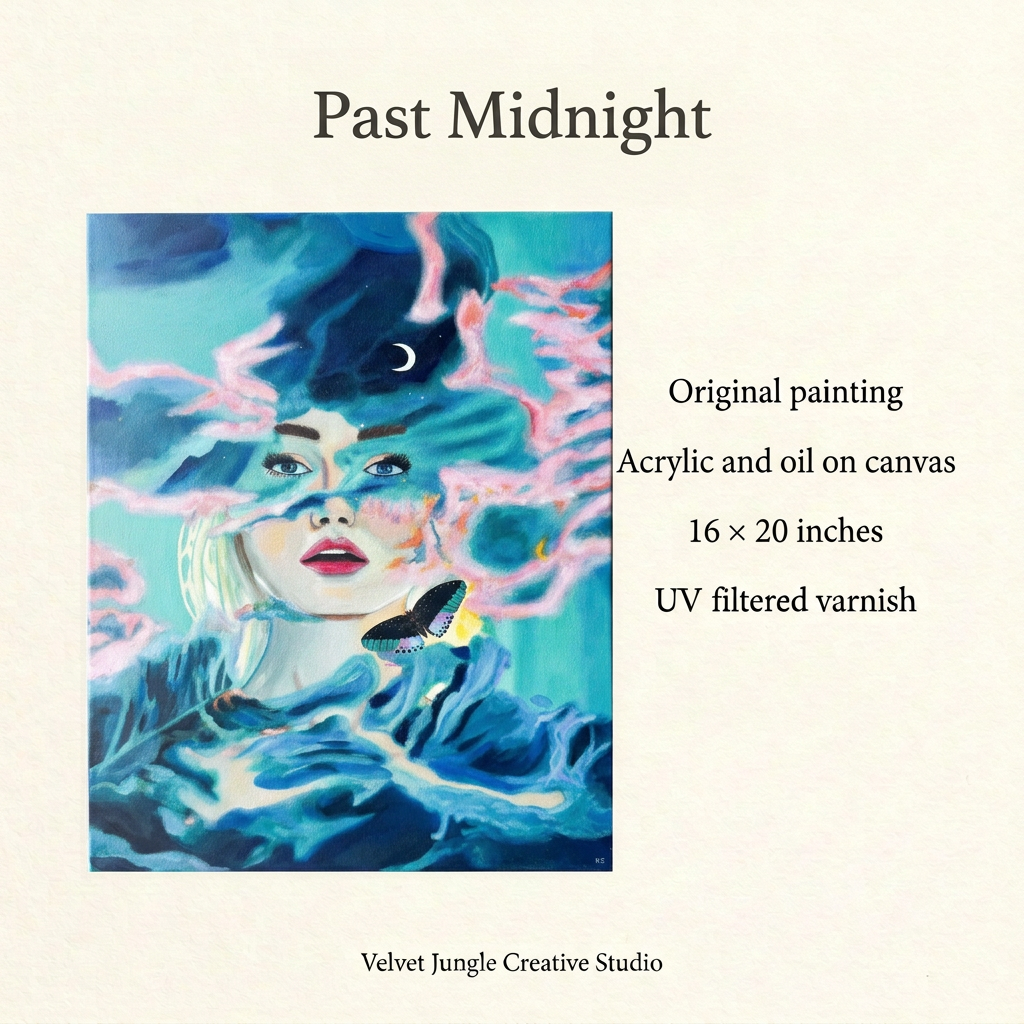 Past Midnight details card showing the full artwork beside its specifications: original acrylic and oil painting on canvas, 16 × 20 inches, with UV filtered varnish.