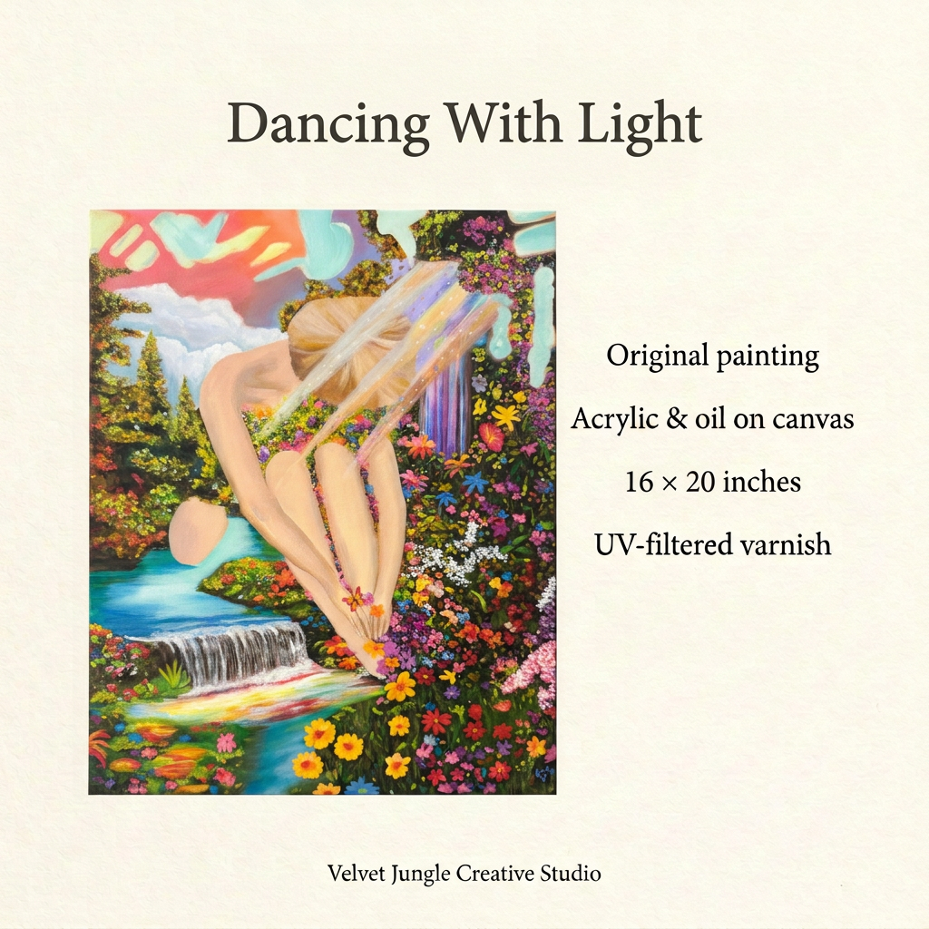 Dancing With Light details card showing the full original painting with acrylic and oil on canvas, 16 × 20 inches, and UV-filtered varnish.