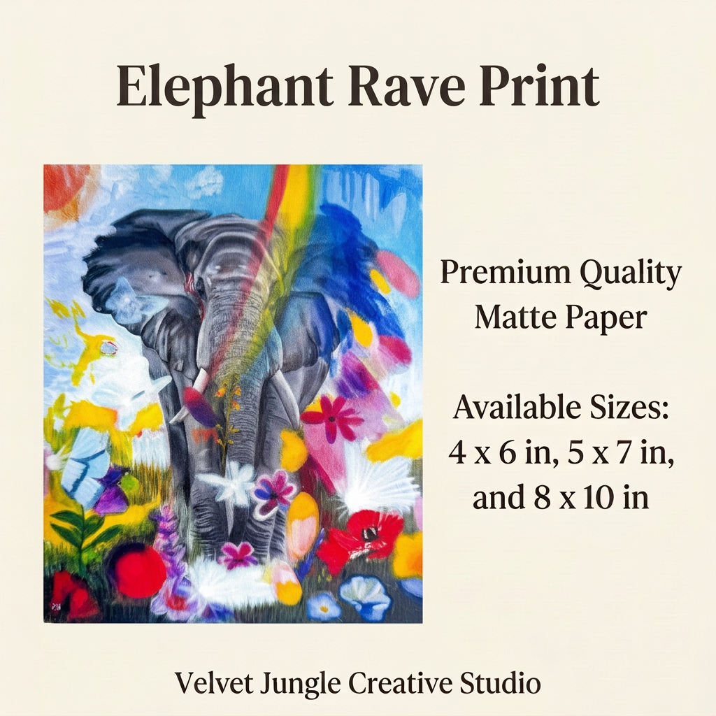 Elephant Rave Print details card with the complete elephant, rainbow and floral artwork, premium quality matte paper, and sizes 4 × 6, 5 × 7, and 8 × 10 inches.