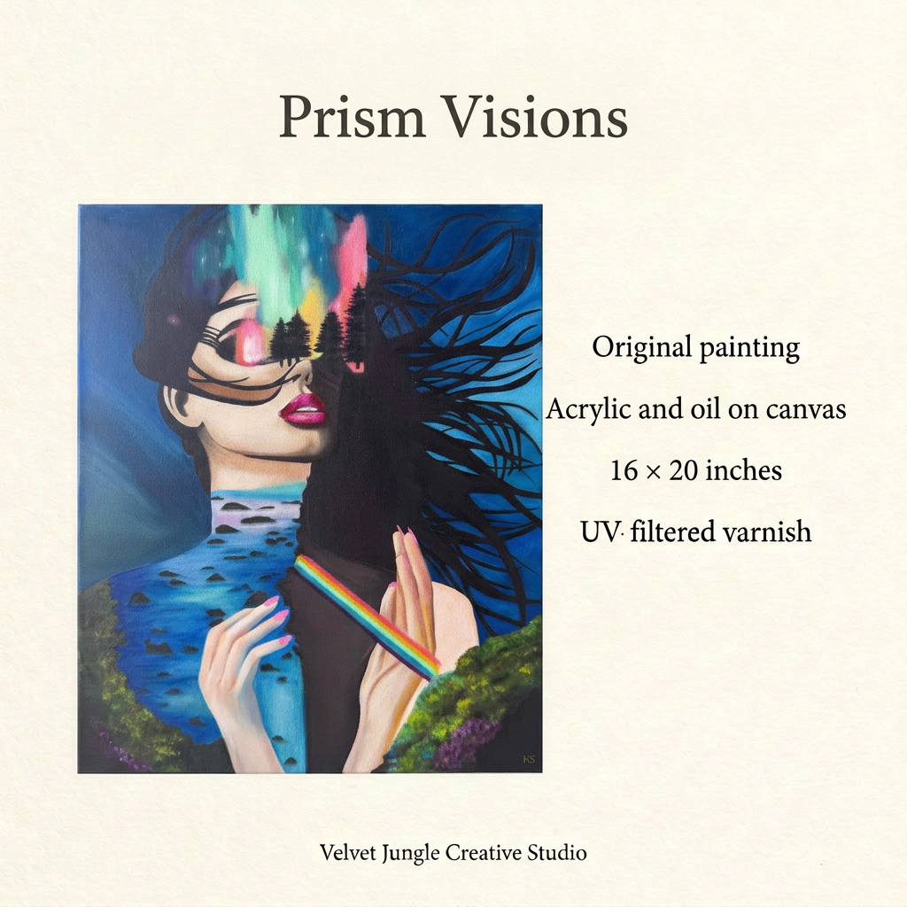 Prism Visions details card showing the full original painting beside its specifications: acrylic and oil on canvas, 16 by 20 inches, with UV filtered varnish.