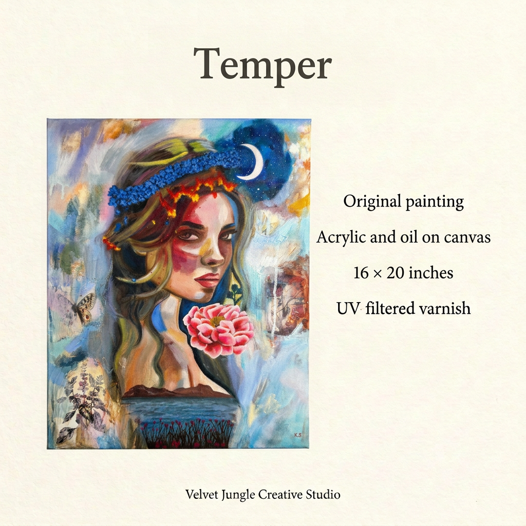 Temper details card with the complete artwork on the left and product details on the right: original painting, acrylic and oil on canvas, 16 x 20 inches, UV filtered varnish