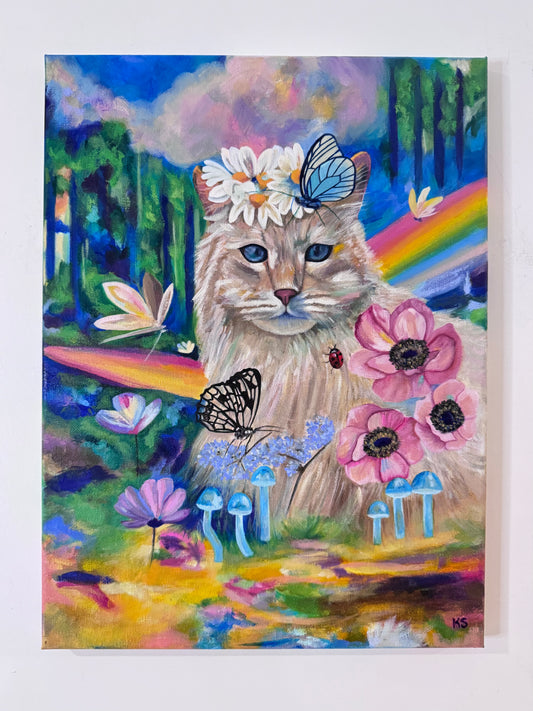 Painting of a cat with butterflies, flowers mushrooms, ladybug and fairies