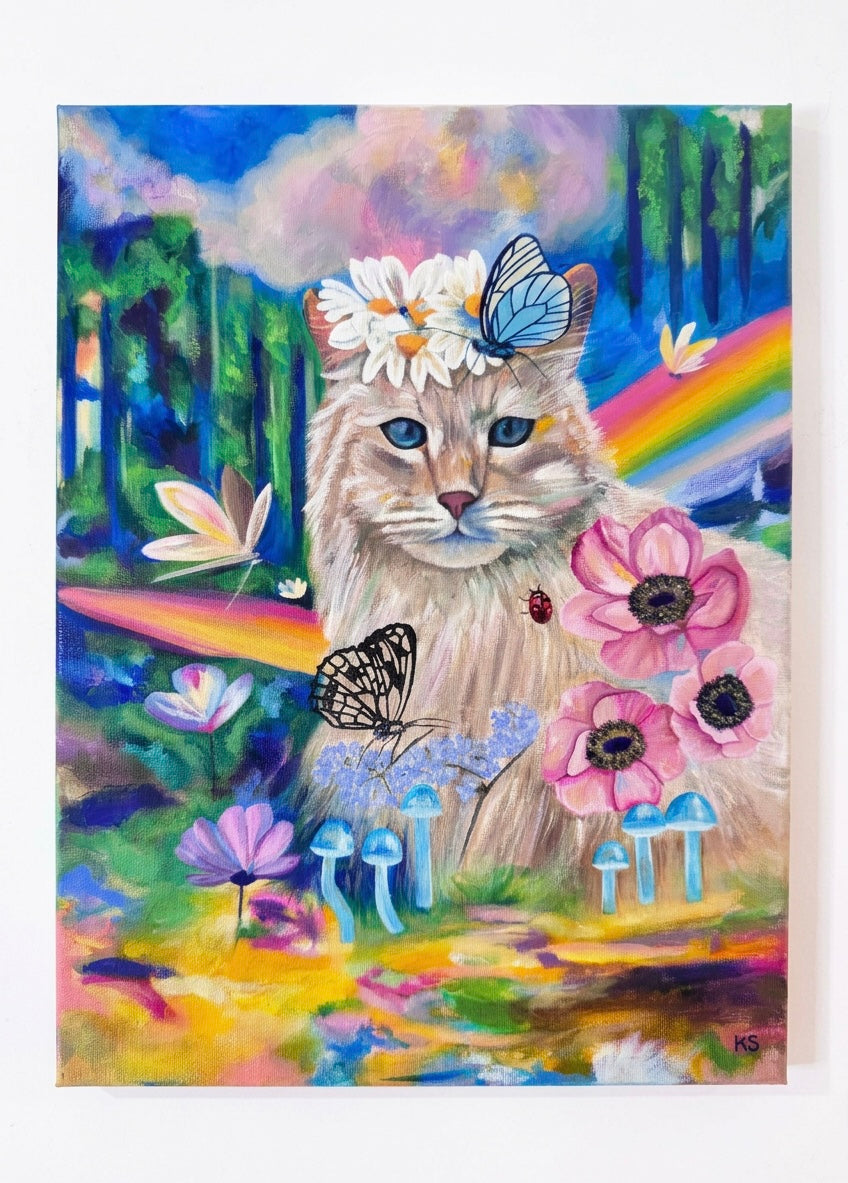 A painting of a colourful landscape with a cat surrounded by, mushrooms, flowers and fairies