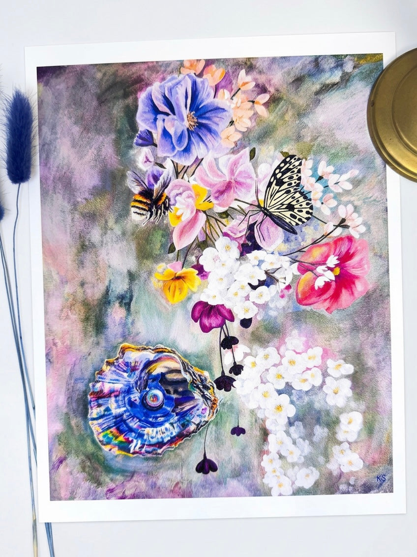 A picture of a blooming treasure print of butterfly, a bee, an oyster and flowers