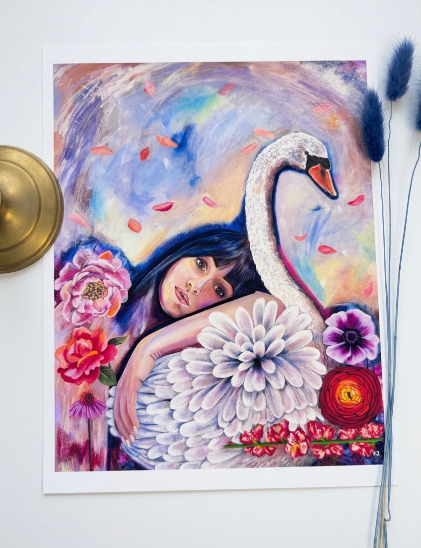 A print of a woman leaning against a swan. Colourful with falling petals and flowers
