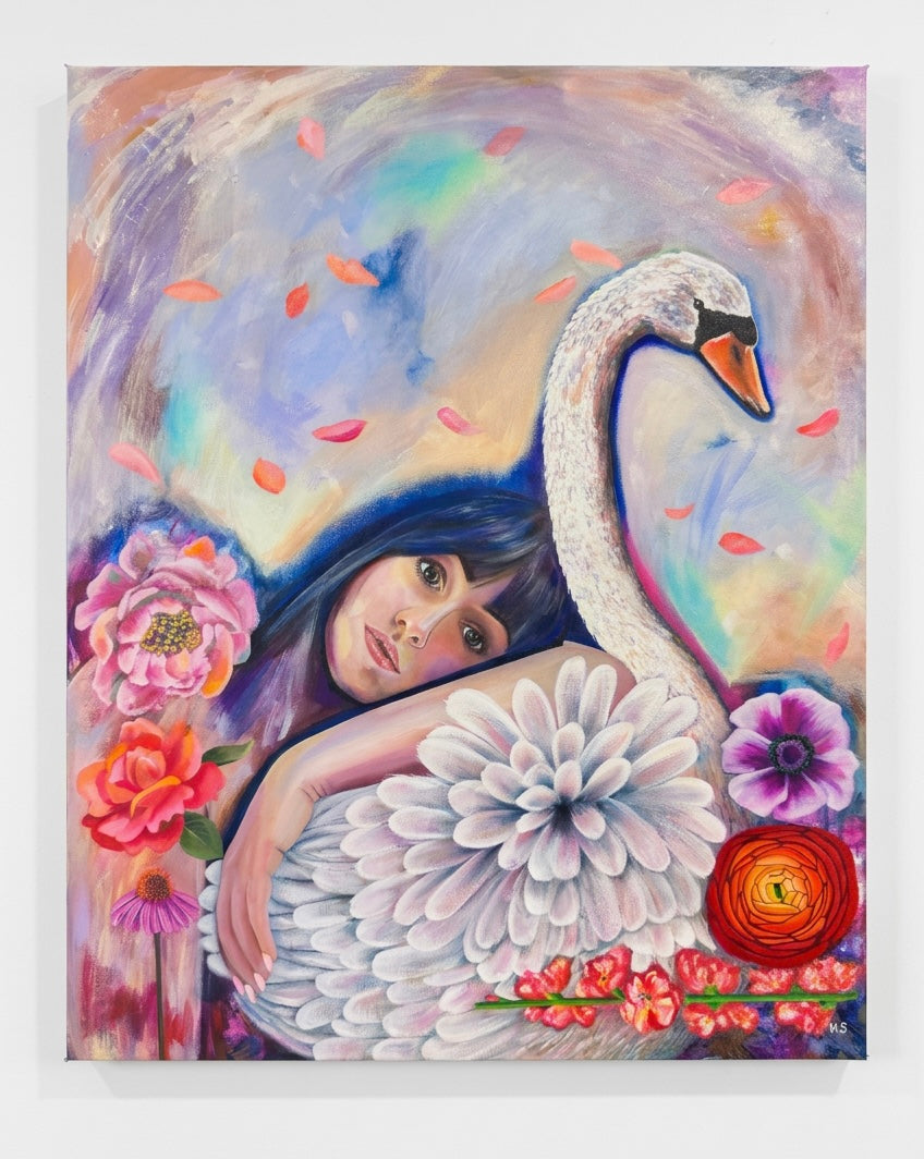 A picture of a painting featuring a woman Leaning on a swan  Surrounded by flowers and falling petals and abstract swatches of paint.