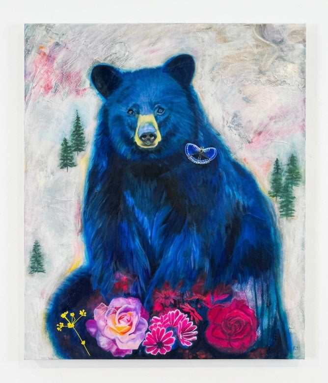 A painting of a blue bear, surrounded by magenta pink flowers, and evergreen trees against a creamy white neutral background.