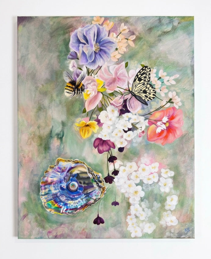 A picture of a painting featuring an oyster with a Pearl, flowers, a butterfly and a bee against a sage green background