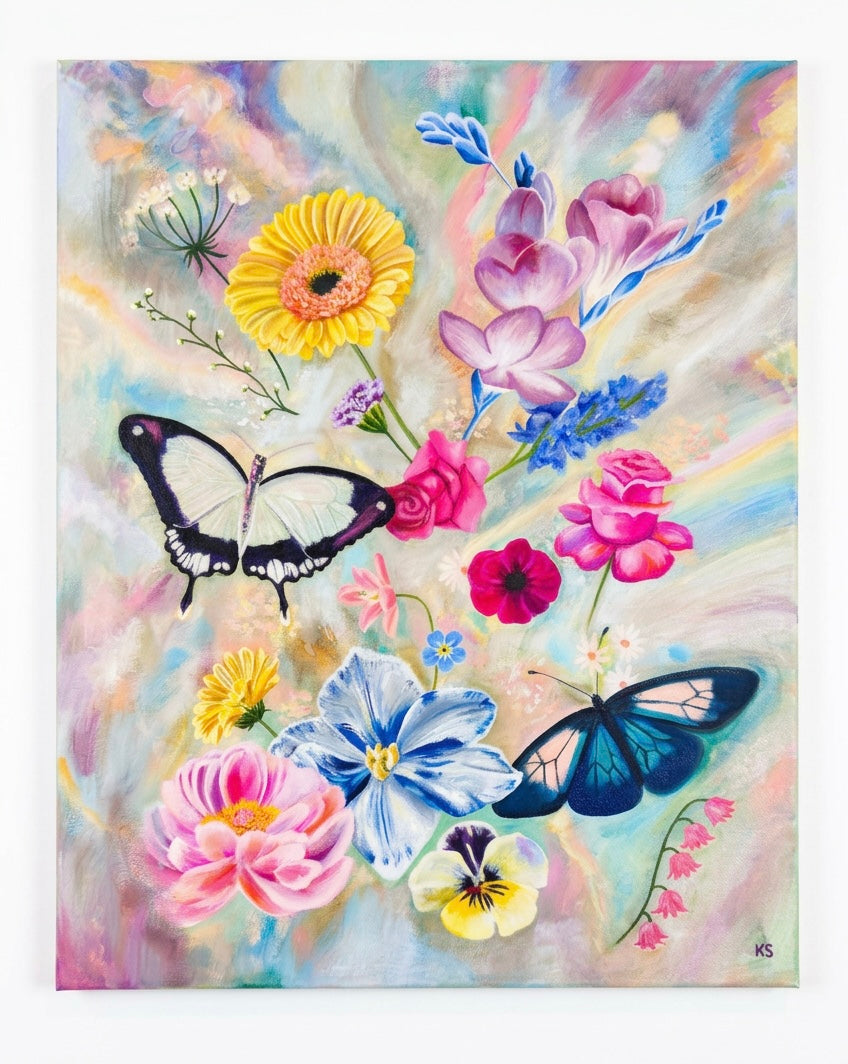 A picture of a painting featuring flowers and butterflies in pastel and tones against a soft abstract background.
