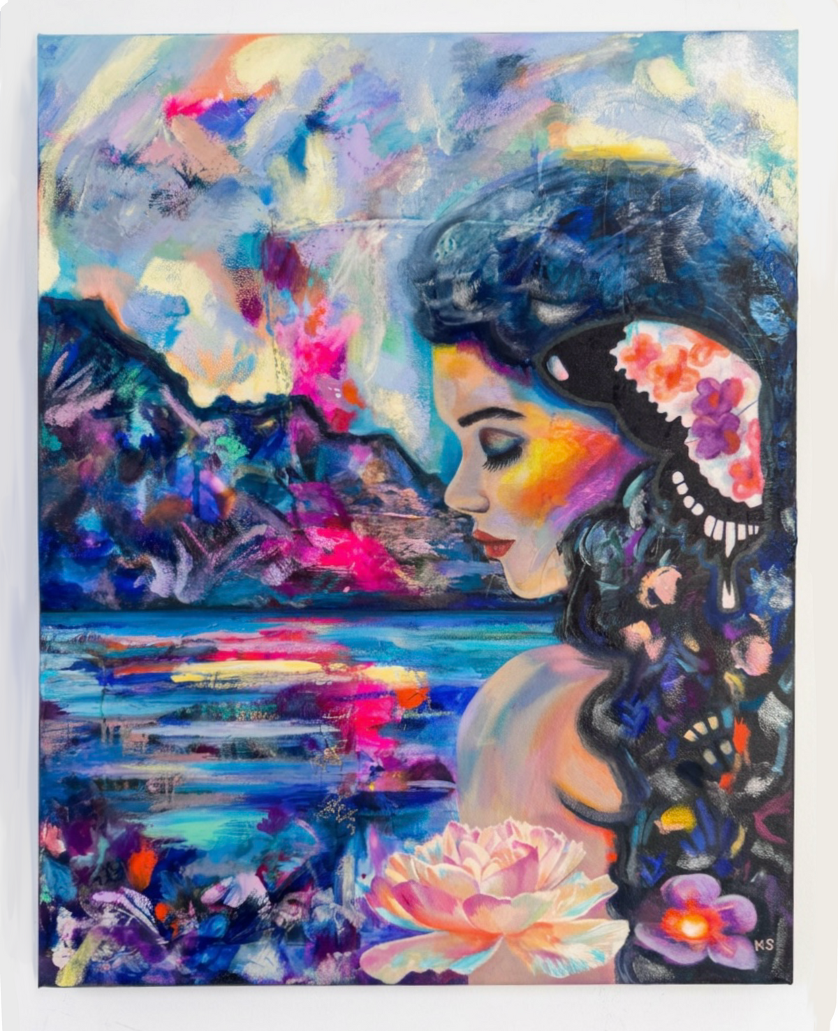 A painting of a woman with a flower and a mountain and sky. All with colourful swatches of paint. Vibrant and abstract