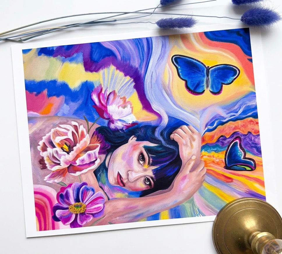 A picture of a print featuring a woman with a psychedelic background with flowers and butterflies