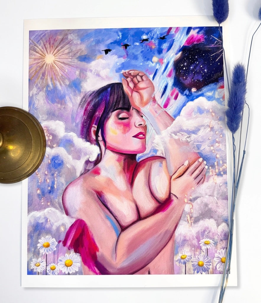 A picture of a print featuring a topless woman in clouds and galaxies with daisies