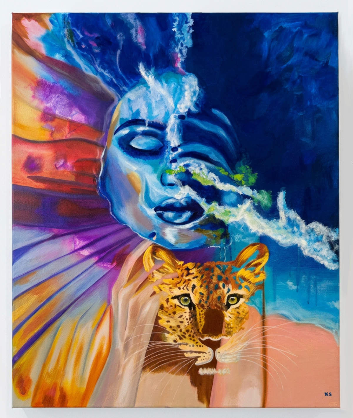 A picture of a painting of a face with eyes closed, two hands, a cheetah face, and the ocean