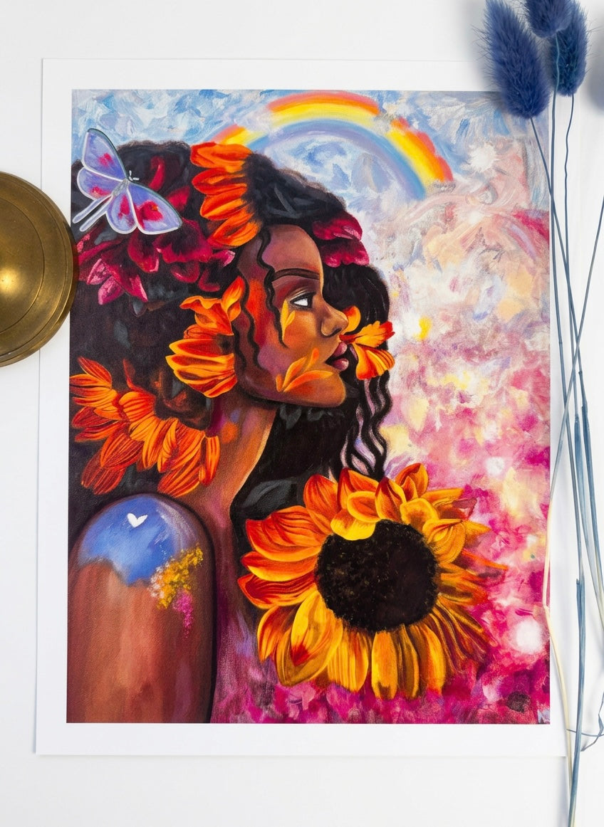 An image of a print of a black skinned woman with a moth in her hair, with sunflowers and a pink cotton candy sky