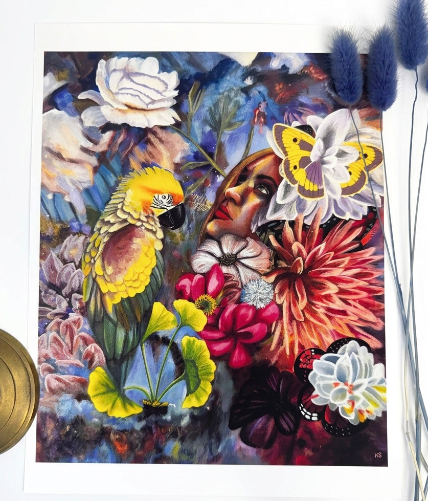 An image of a print featuring a face looking up among different plants, butterflies and flowers with a parrot and stone inspired colours