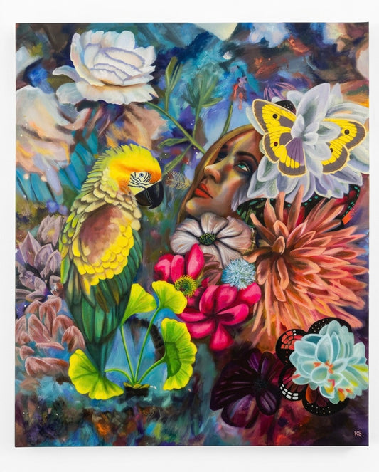 A painting featuring a woman’s face, butterflies, flowers, and plants, a parrot and a jewel toned background