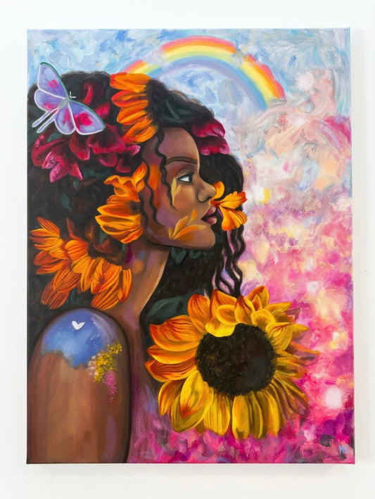 An image of a painting featuring a black woman with a moth in her hair, a rainbow, sunflowers, and a cotton candy sky.