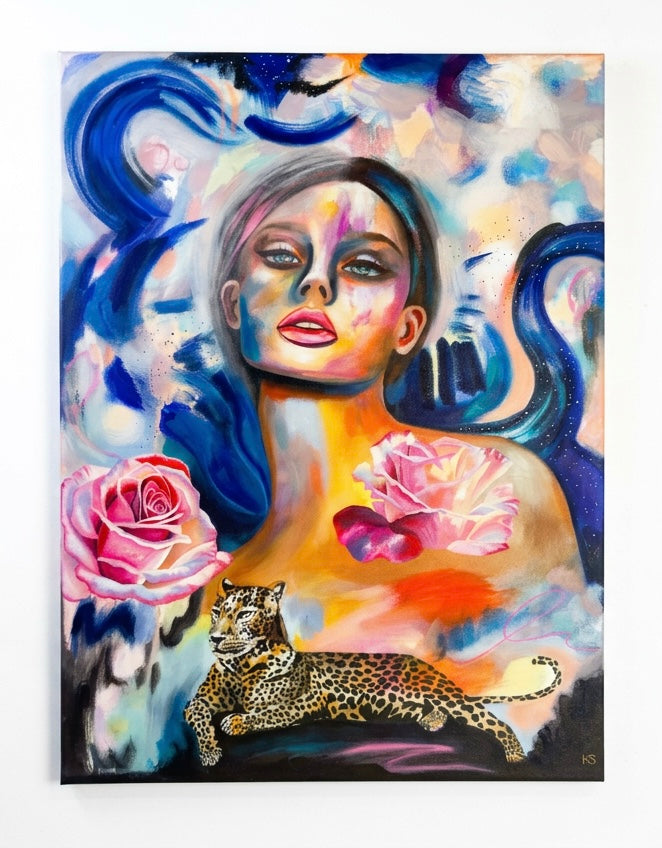 A painting of a woman with a leopard or cheetah, with roses, and a galaxy and vibrant swatches of blue paint