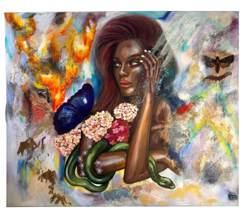 A painting featuring a black woman, with moths, butterflies, flowers, snakes, and flames