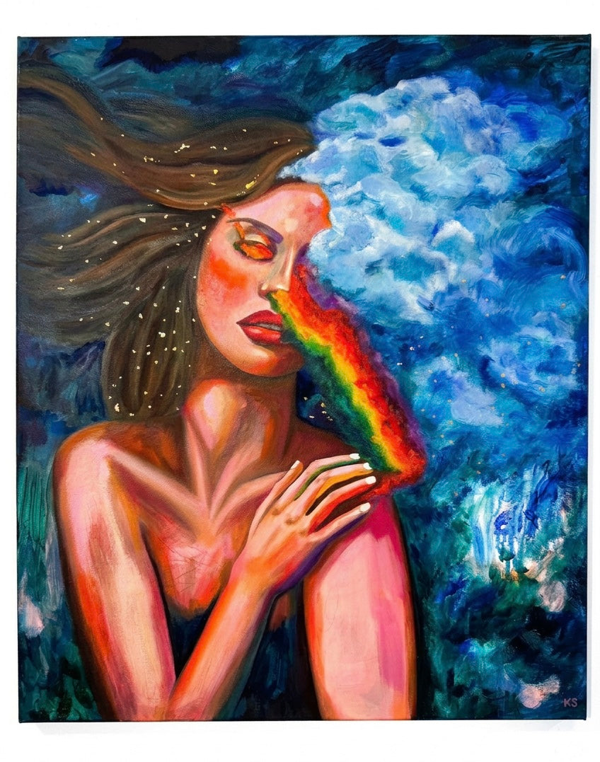 A picture of a painting of a woman with a rainbow partially obscuring her eyes, surrounded by a blue dripping sky