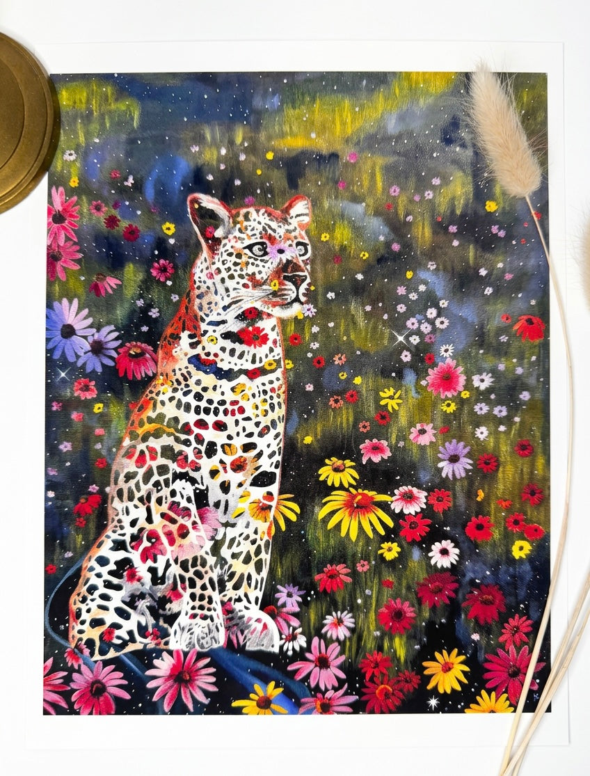 A picture of a print featuring a leopard with a field of flowers and a starry night sky merged together