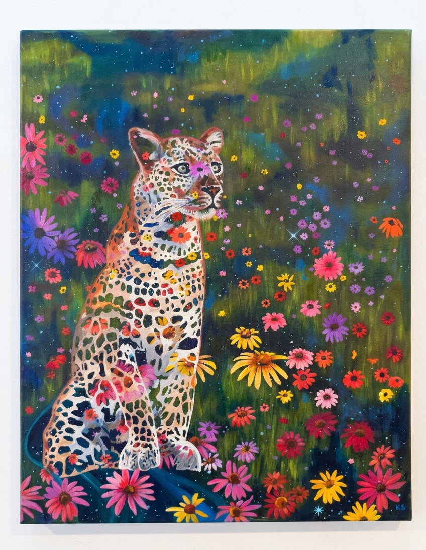 A painting featuring a leopard or cheetah in a field of flowers and starry night sky merged together