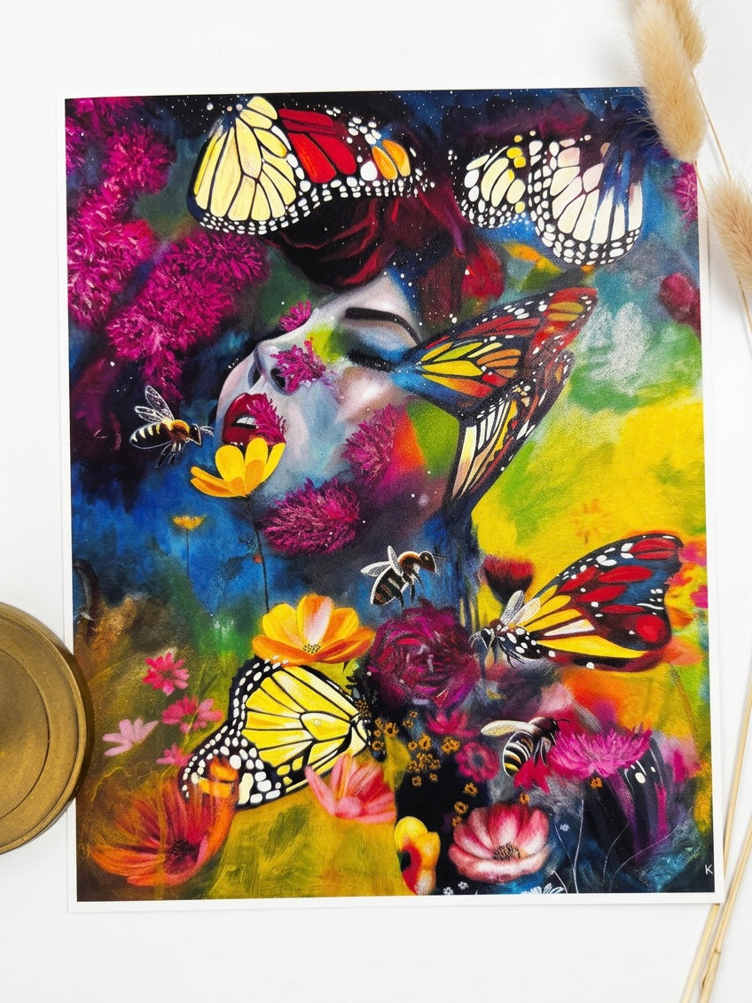 A print featuring a face surrounded by bees and butterflies