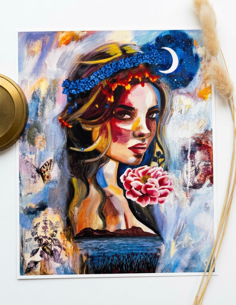 A picture of a print featuring a woman giving a bold glare, a moon, flowers, butterfly that is mostly blue