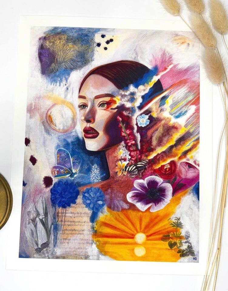  A print of a woman with butterflies and flowers, a sunset and music notes