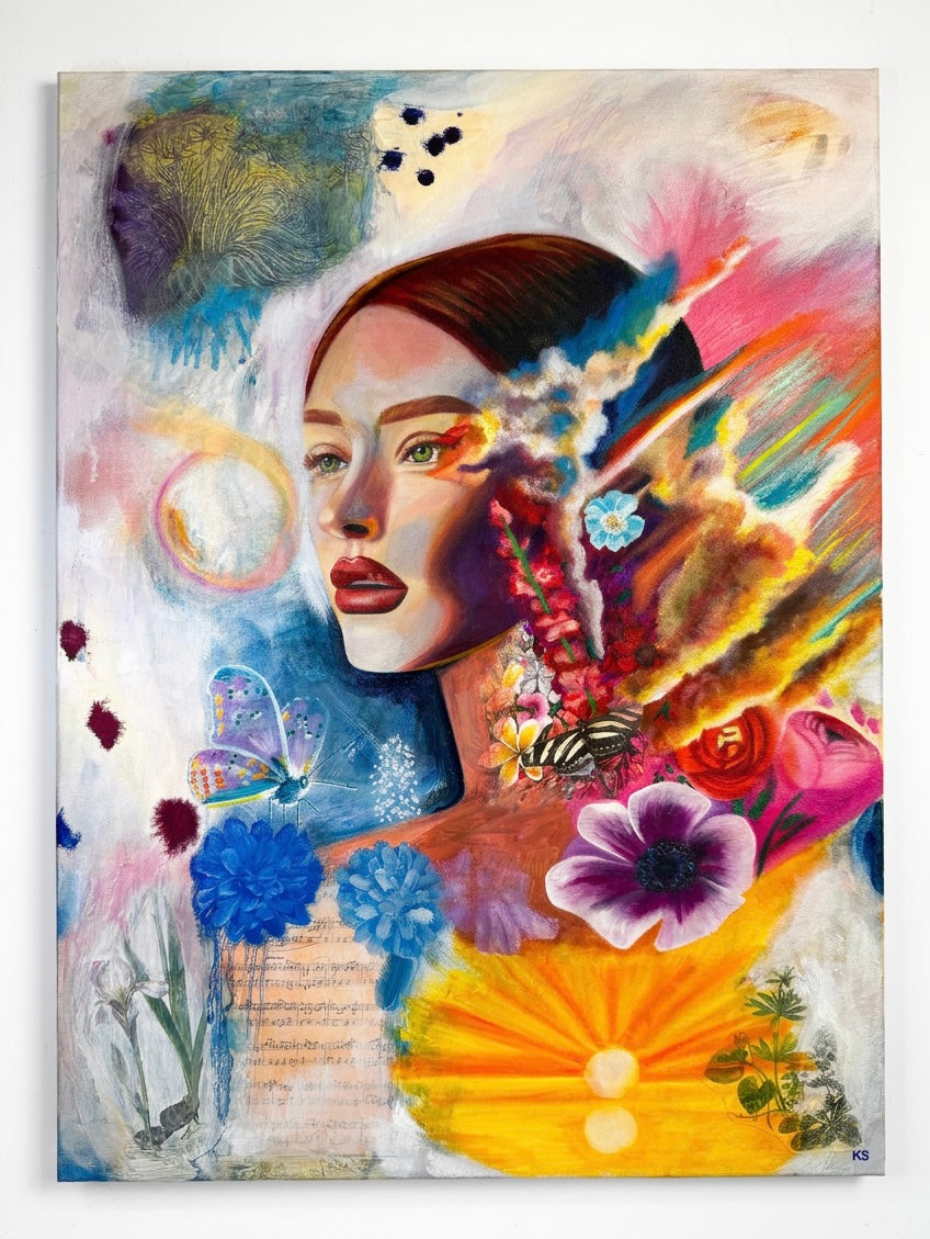 A painting featuring a woman, a sunset, butterflies and clouds.