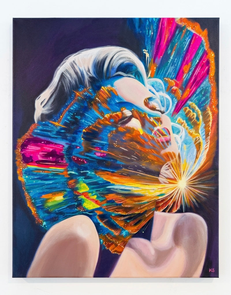 A painting featuring a woman with a galaxy merged together.