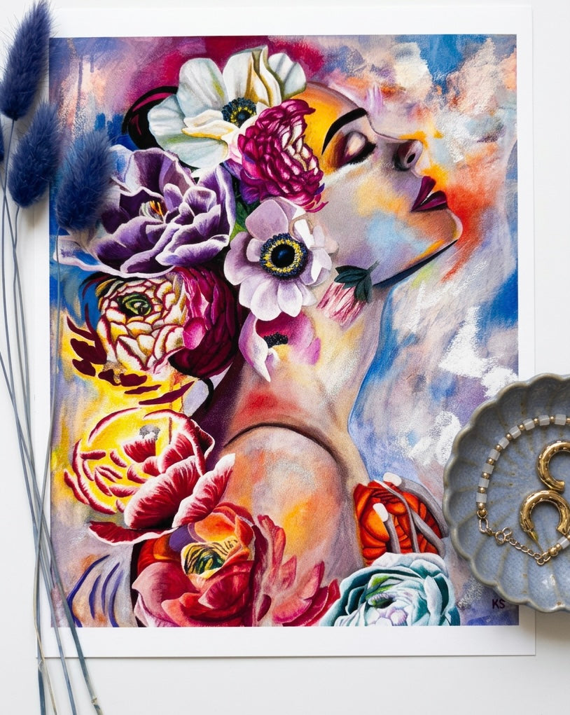 A print featuring a woman covered in flowers. Multicoloured