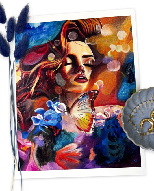 A print featuring a woman, flowers a butterfly and light.