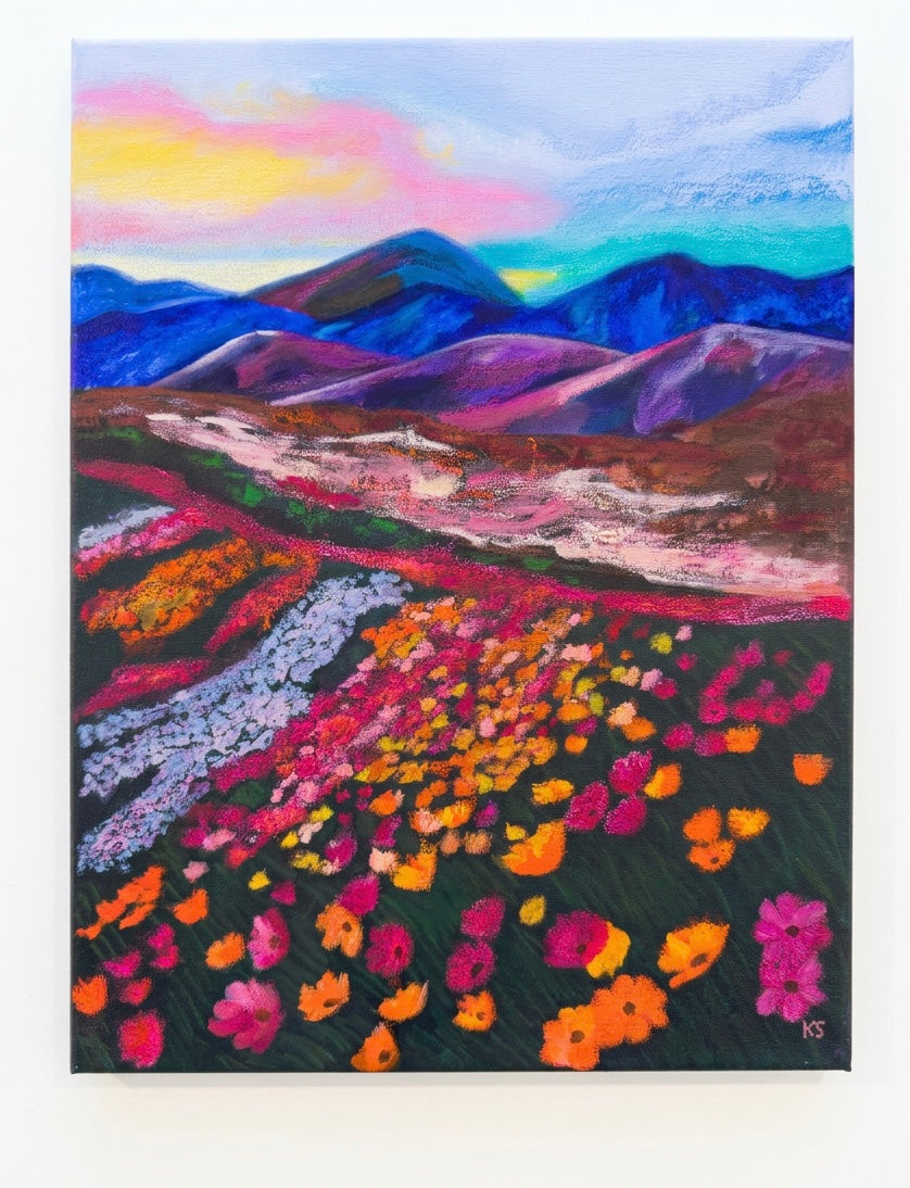 A painting of a landscape featuring blue mountains, a field of magenta pink flowers and a colourful sky