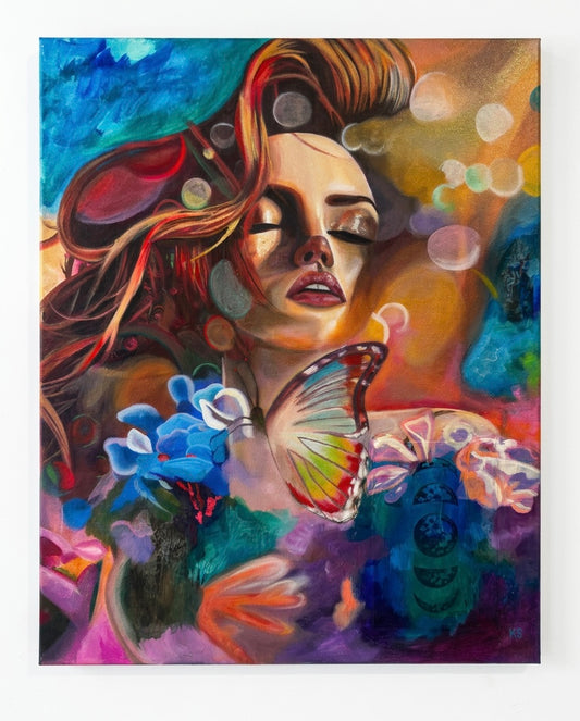 A painting of a woman with light, and butterflies and flowers and abstract swatches of paint. 