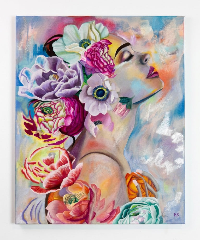A painting of a woman covered in colourful flowers. With her eyes closed looking up