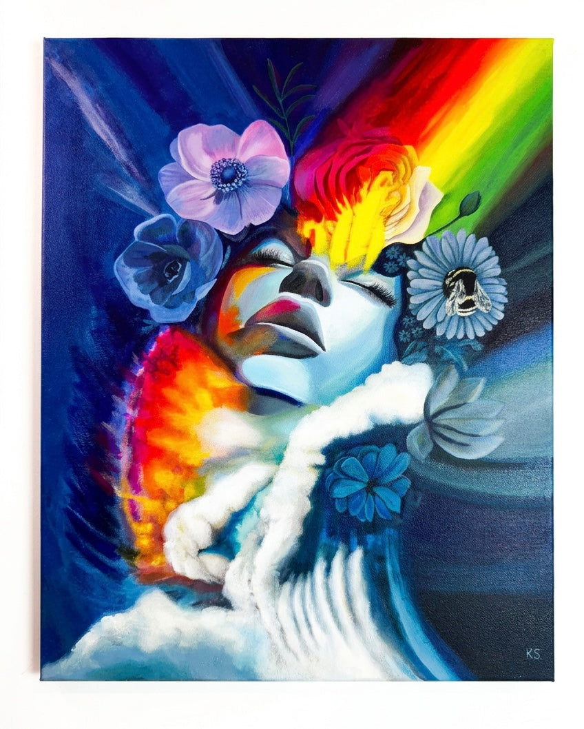  Painting of a face with a rainbow, flowers, wave of water or ocean, and a bee. Non binary