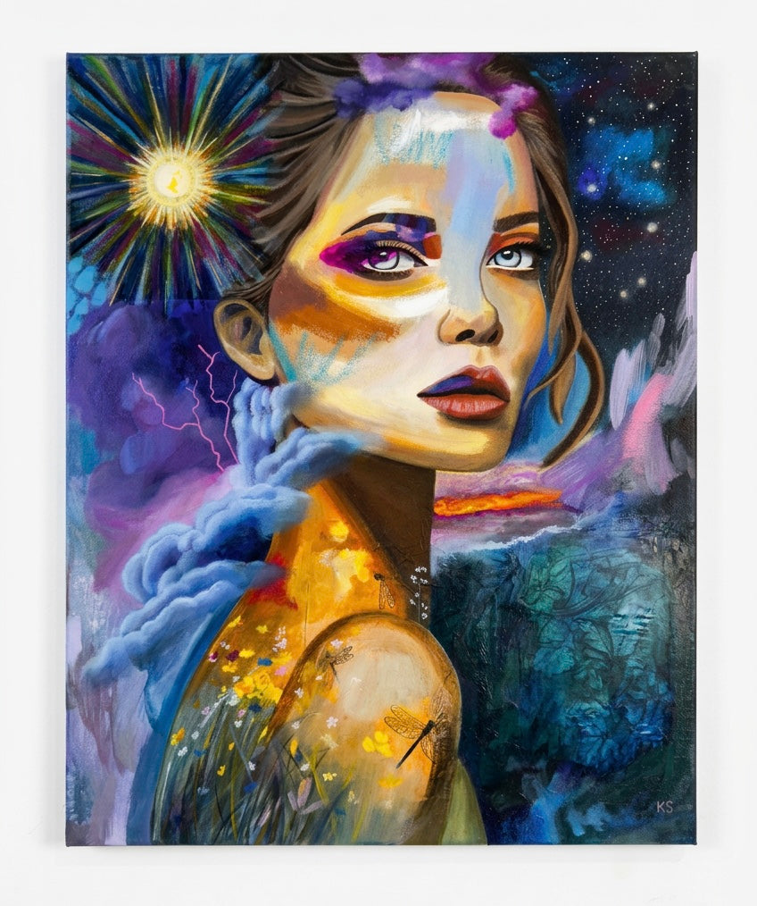 A portrait painting of a woman with a galaxy, dragonfly, sunburst, vibrant, colourful jewel tones.